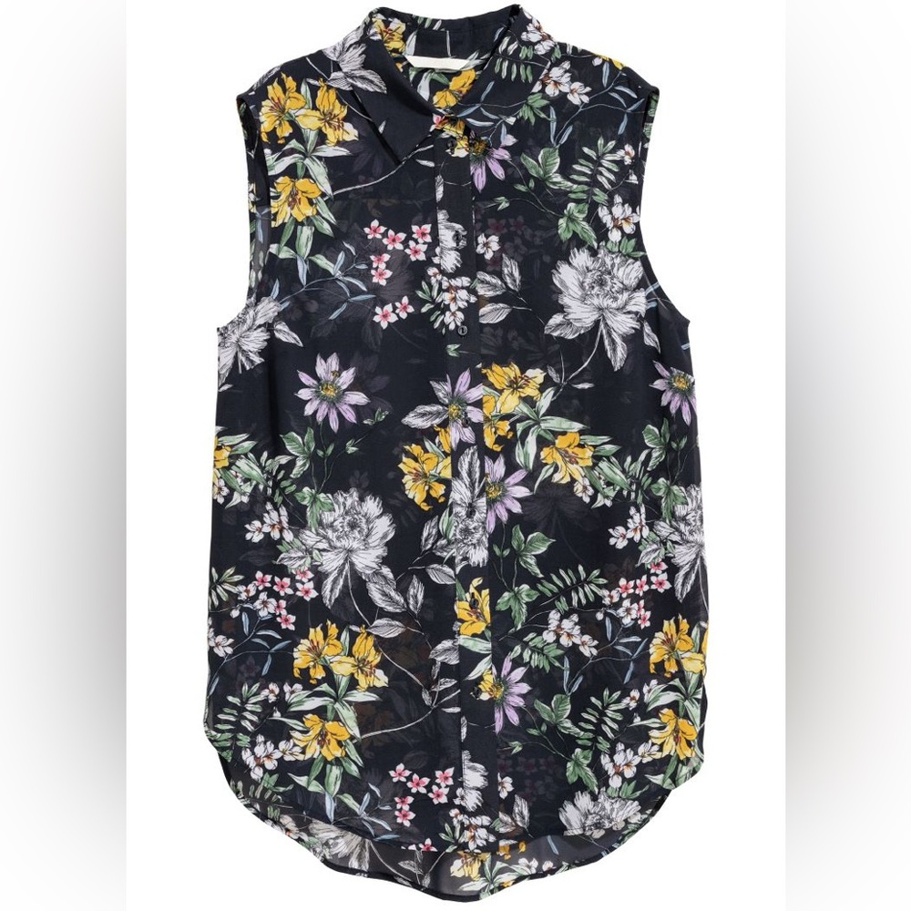 Navy Blue Floral Sheer Button-Up Tank